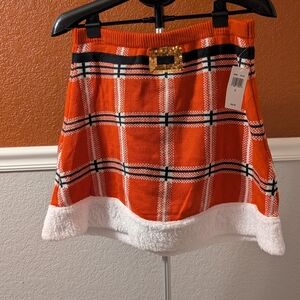 Chic Orange Plaid Mini Skirt with Faux Fur Trim